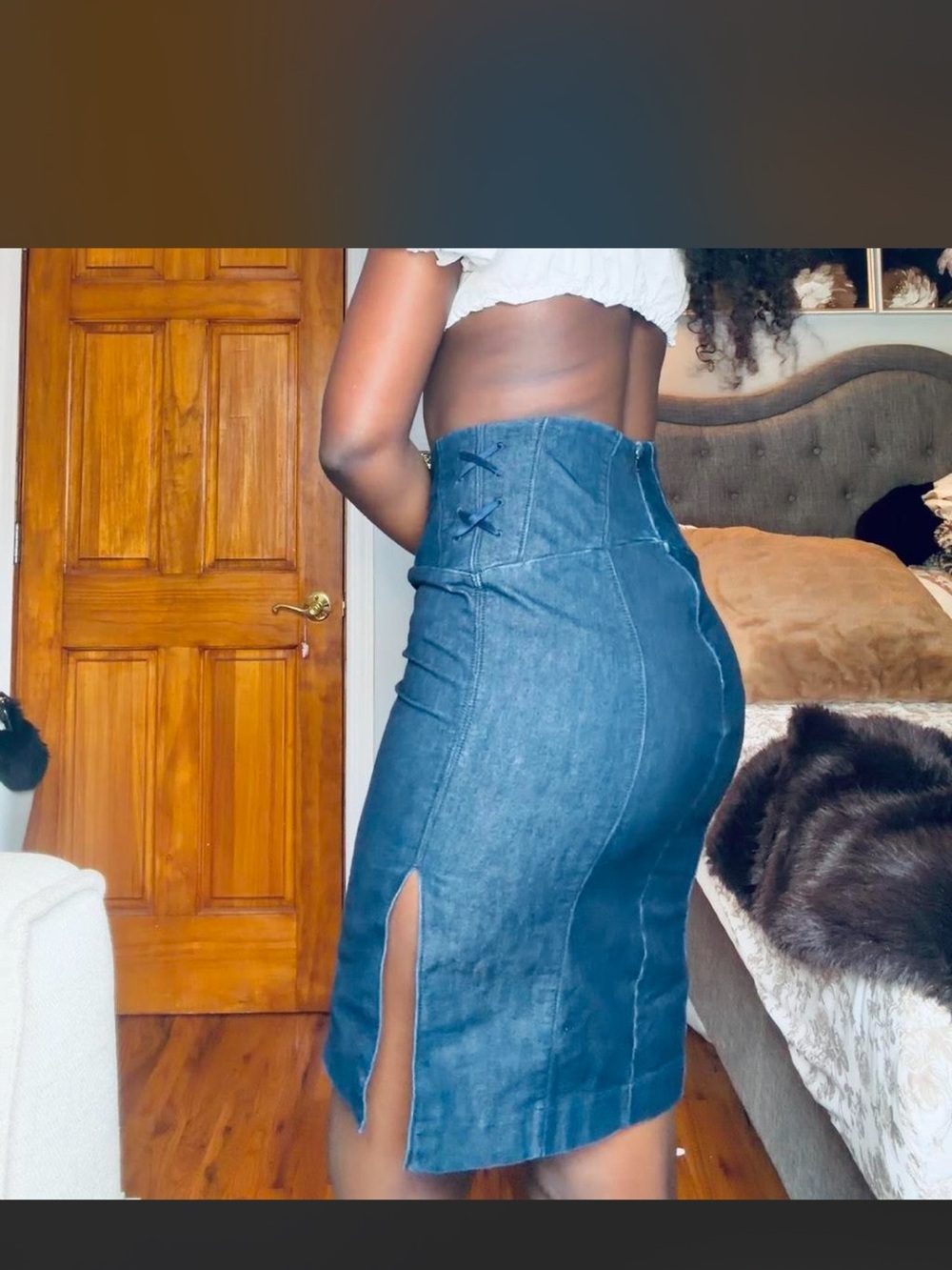 Vintage 90s Express High-Waist Denim Pencil Skirt with Side Slit - Blue